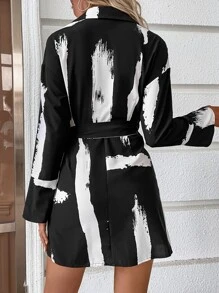 SHEIN LUNE 筆刷圖案圍裹側打結連衣裙 - 黑與白 - 查看 2