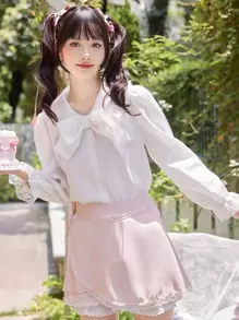 ROMWE Kawaii Solid Flounce Sleeve Blouse, School - White - View 1