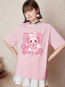 ROMWE Kawaii Cartoon Graphic Drop Shoulder Tee - Baby Pink - View 1