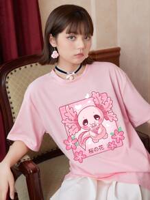 ROMWE Kawaii Cartoon Graphic Drop Shoulder Tee - Baby Pink - View 2