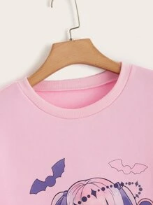 ROMWE Kawaii Bat & Figure Graphic Sweatshirt - Pink - View 4