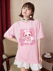 ROMWE Kawaii Cartoon Graphic Drop Shoulder Tee - Baby Pink - View 3