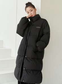 DAZY Letter Patched Slant Pockets Slit Hem Padded Coat - Black - View 7