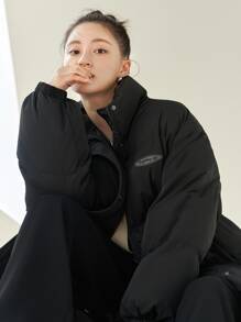 DAZY Letter Patched Slant Pockets Slit Hem Padded Coat - Black - View 8