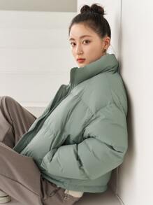 DAZY 束口下擺下墜肩拉鍊棉袄厚實口袋外套 - 薄荷綠 - 查看 9