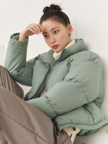 DAZY 束口下擺下墜肩拉鍊棉袄厚實口袋外套 - 薄荷綠 - 查看 10