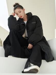 DAZY Letter Patched Slant Pockets Slit Hem Padded Coat - Black - View 9