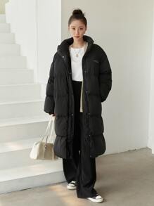 DAZY Letter Patched Slant Pockets Slit Hem Padded Coat - Black - View 10