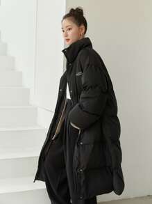 DAZY Letter Patched Slant Pockets Slit Hem Padded Coat - Black - View 11
