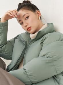 DAZY 束口下擺下墜肩拉鍊棉袄厚實口袋外套 - 薄荷綠 - 查看 13