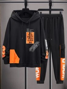 Manfinity LEGND Men Slogan Graphic Kangaroo Pocket Drawstring Hoodie & Joggers - Black - View 3