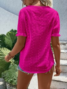 Breezaya Eyelet Embroidery Contrast Lace Puff Sleeve Blouse - Hot Pink - View 2