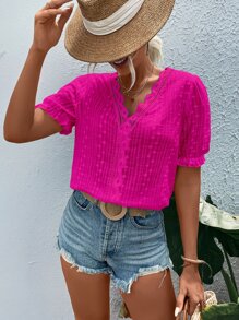 Breezaya Eyelet Embroidery Contrast Lace Puff Sleeve Blouse - Hot Pink - View 3