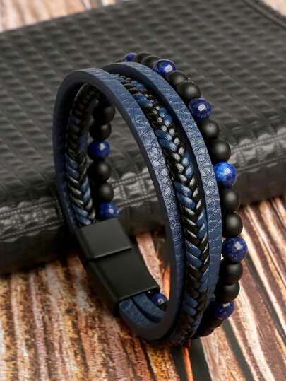 Fashionable and Popular Men Bead Decor Braided Detail Bracelet PU for Jewelry Gift and for a Stylish Look