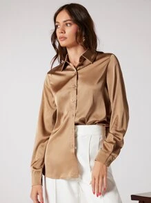 BizChic 素色前紐扣襯衫工作服 - 卡其色 - 查看 3