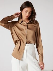 BizChic 素色前紐扣襯衫工作服 - 卡其色 - 查看 4