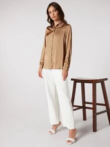 BizChic 素色前紐扣襯衫工作服 - 卡其色 - 查看 5