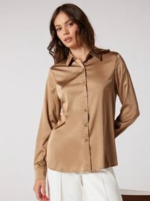 BizChic 素色前紐扣襯衫工作服 - 卡其色 - 查看 6