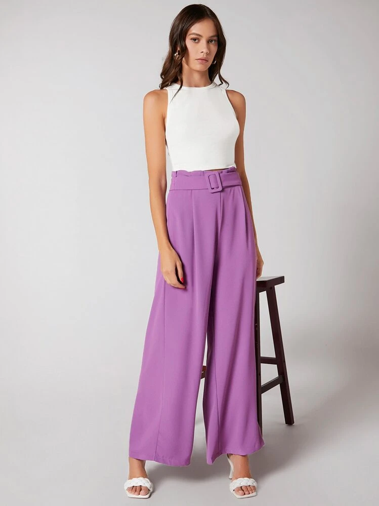 SHEIN BIZwear Com cinto Zíper Paper Bag Pants Simples elegante Calças - Púrpura - Visão 1