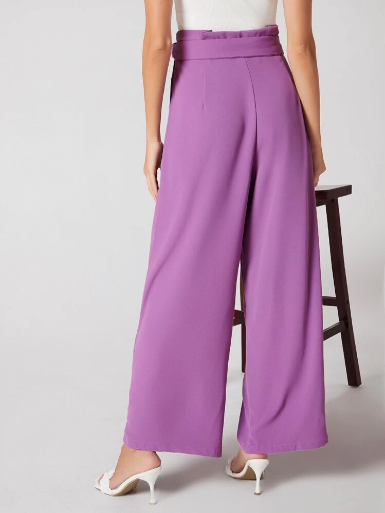 SHEIN BIZwear Com cinto Zíper Paper Bag Pants Simples elegante Calças - Púrpura - Visão 2