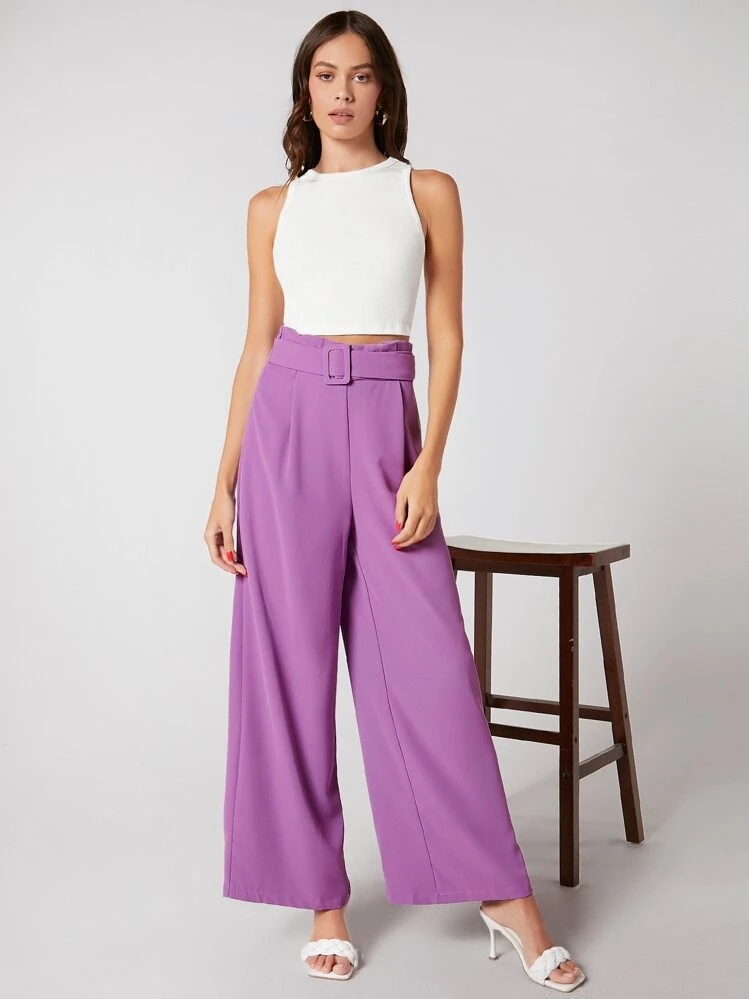 SHEIN BIZwear Com cinto Zíper Paper Bag Pants Simples elegante Calças - Púrpura - Visão 3