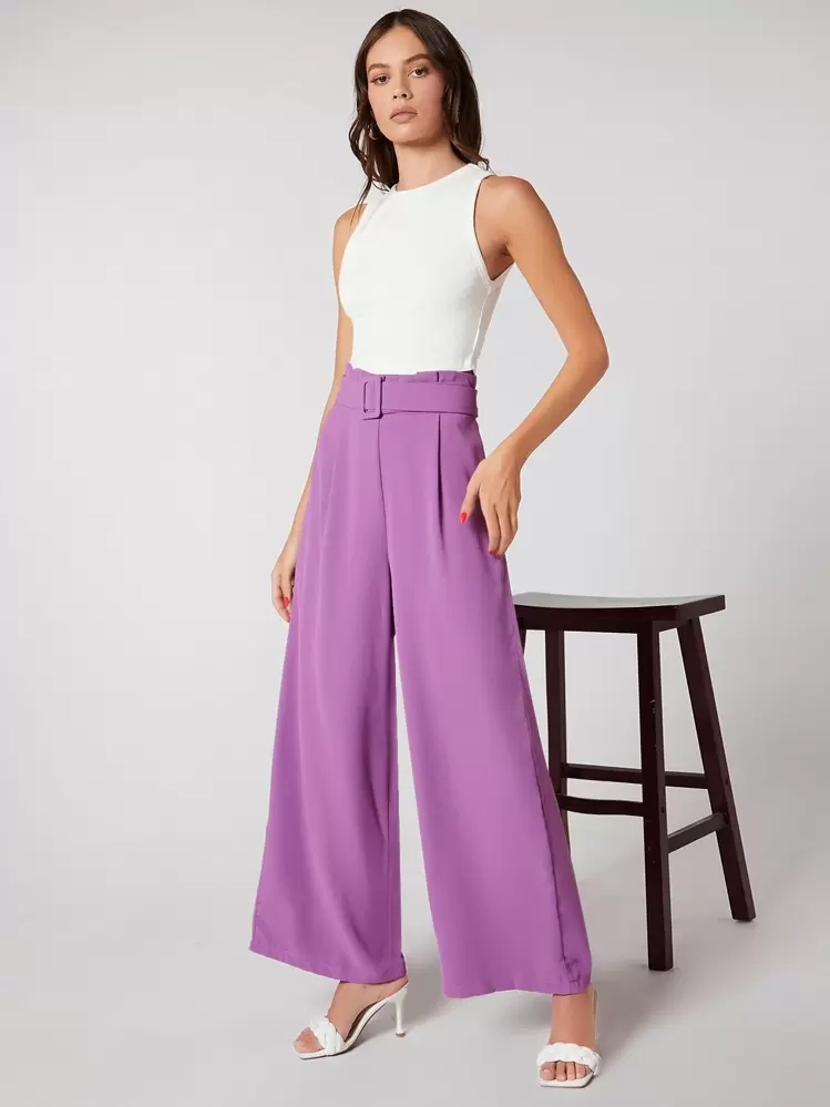 SHEIN BIZwear Com cinto Zíper Paper Bag Pants Simples elegante Calças - Púrpura - Visão 5