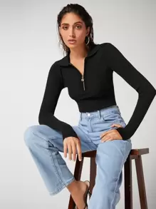 BizChic Zip Half Placket Rib-knit Jumper - Black - View 1