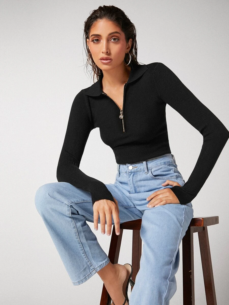 BizChic Zip Half Placket Rib-knit Jumper - Black - View 1