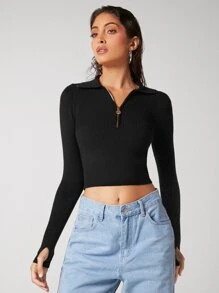 BizChic Zip Half Placket Rib-knit Jumper - Black - View 3