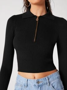 BizChic Zip Half Placket Rib-knit Jumper - Black - View 5