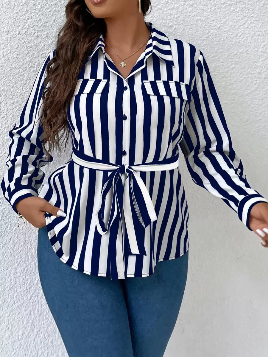 SHEIN Clasi Plus Striped Print Button Front Belted Shirt Fall Cloth For Women - Blue and White - View 1