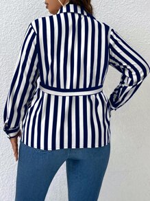 SHEIN Clasi Plus Striped Print Button Front Belted Shirt Fall Cloth For Women - Blue and White - View 2