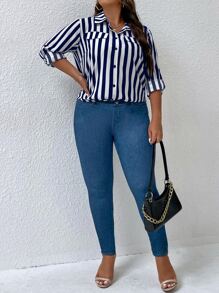 SHEIN Clasi Plus Striped Print Button Front Belted Shirt Fall Cloth For Women - Blue and White - View 5