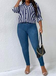 SHEIN Clasi Plus Striped Print Button Front Belted Shirt Fall Cloth For Women - Blue and White - View 4
