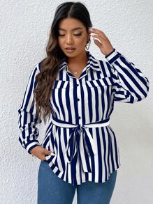SHEIN Clasi Plus Striped Print Button Front Belted Shirt Fall Cloth For Women - Blue and White - View 3