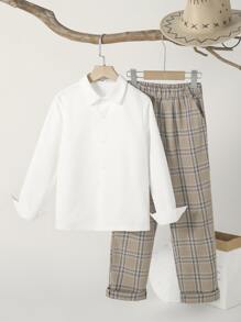 SHEIN Tween Boy Solid Button Front Shirt & Plaid Trousers - Multicolor - View 1