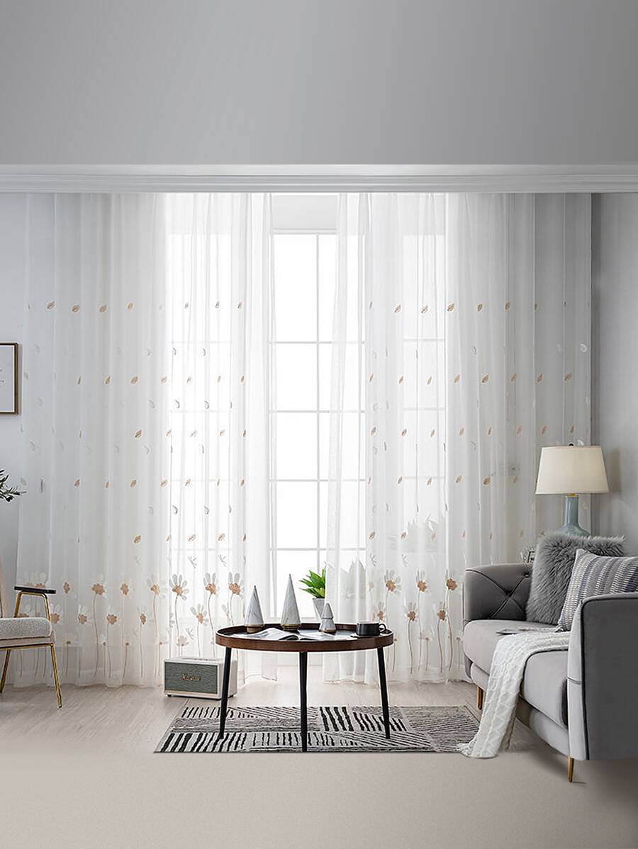 花卉刺繡單紗窗簾現代滌綸紗家居窗簾 - 彩色 - 查看 1