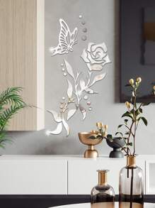花和蝴蝶設計鏡子牆貼 - 銀色 - 查看 1
