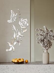 花和蝴蝶設計鏡子牆貼 - 銀色 - 查看 2