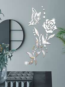 花和蝴蝶設計鏡子牆貼 - 銀色 - 查看 7