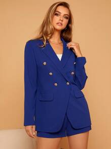 SHEIN Privé Lapel Neck Double Breasted Blazer & Shorts - Royal Blue - View 2