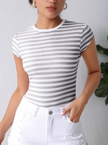 SHEIN Essnce Áo thun nữ Sọc Cơ bản - Màu Xám nhạt - Xem 4