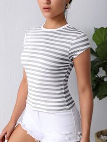 SHEIN Essnce Áo thun nữ Sọc Cơ bản - Màu Xám nhạt - Xem 5