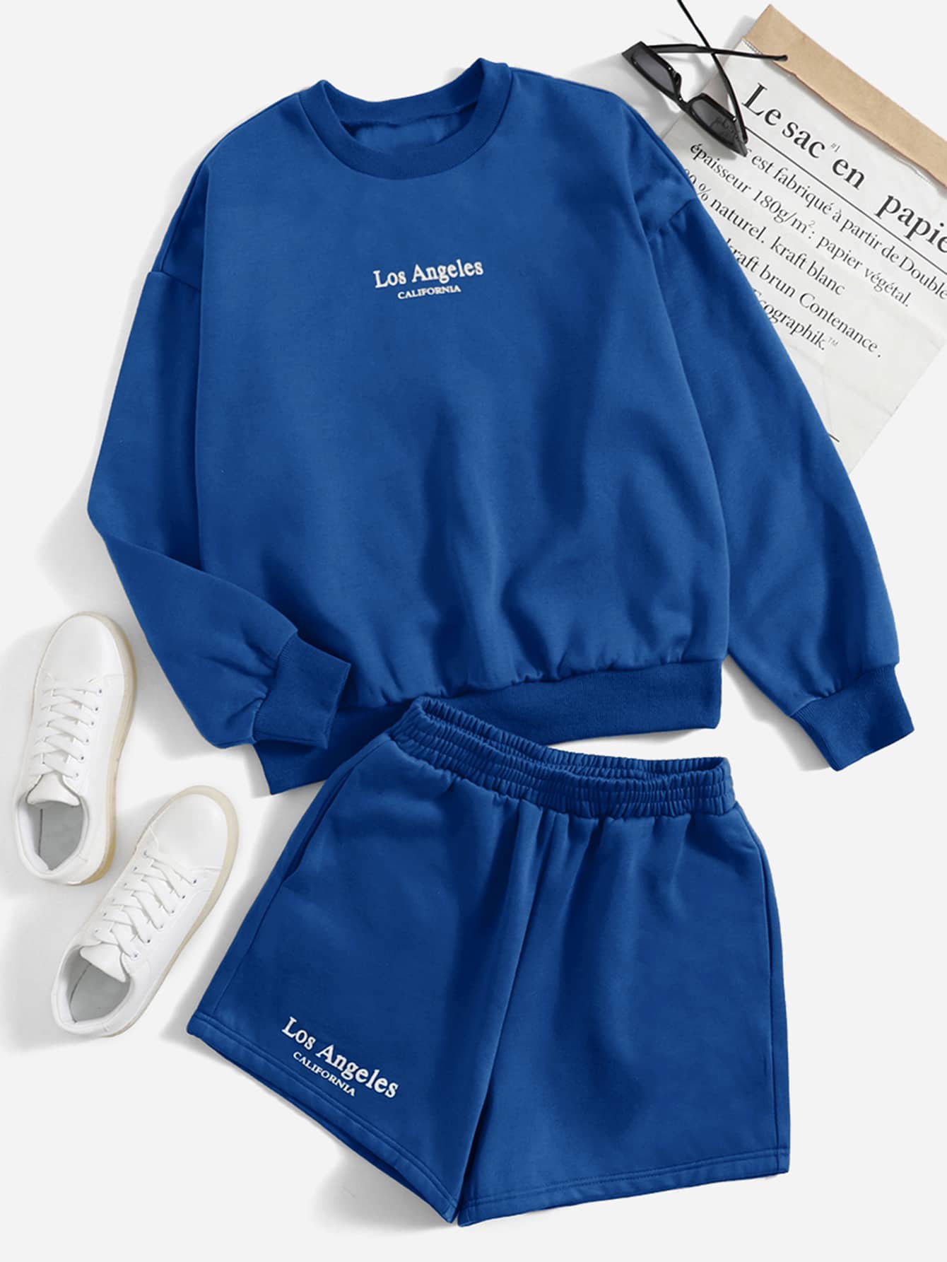 SHEIN EZwear 字母圖案落肩袖套頭衫和短褲 - 寶藍色 - 查看 1