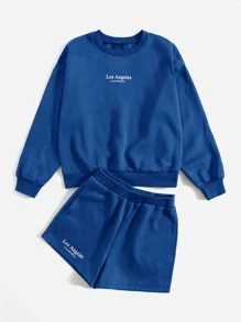 SHEIN EZwear 字母圖案落肩袖套頭衫和短褲 - 寶藍色 - 查看 3