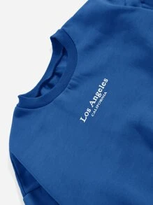 SHEIN EZwear 字母圖案落肩袖套頭衫和短褲 - 寶藍色 - 查看 4