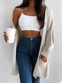 EURMUSE Dual Pockets Batwing Sleeve Ribbed Knit Duster Cardigan - Beige - View 3