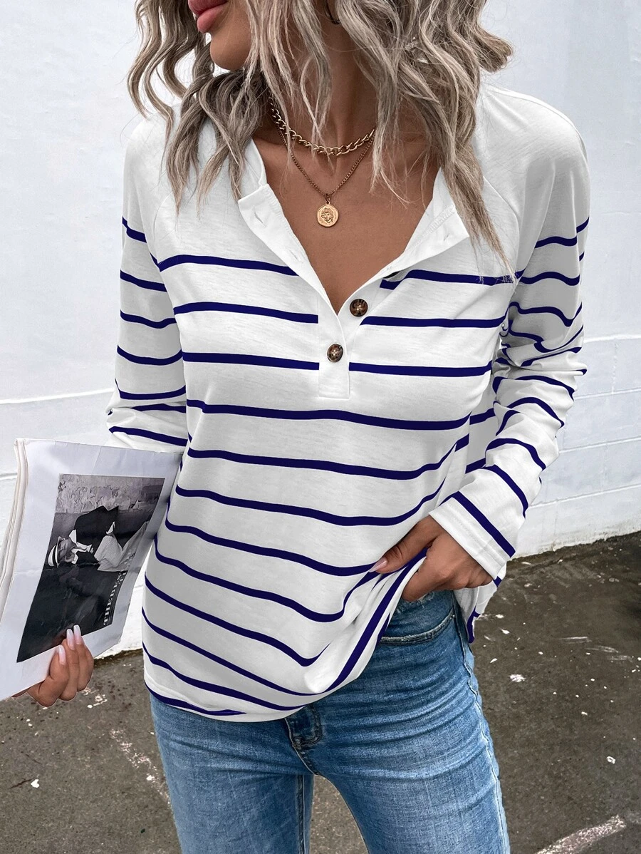 SHEIN LUNE Áo thun nữ Nút phía trước Sọc Giải trí - Xanh và trắng - Xem 1
