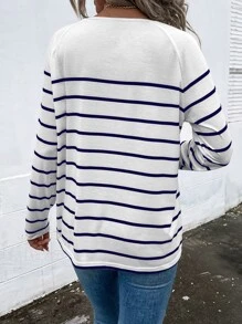 SHEIN LUNE Áo thun nữ Nút phía trước Sọc Giải trí - Xanh và trắng - Xem 2