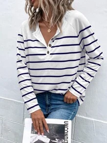 SHEIN LUNE Áo thun nữ Nút phía trước Sọc Giải trí - Xanh và trắng - Xem 3